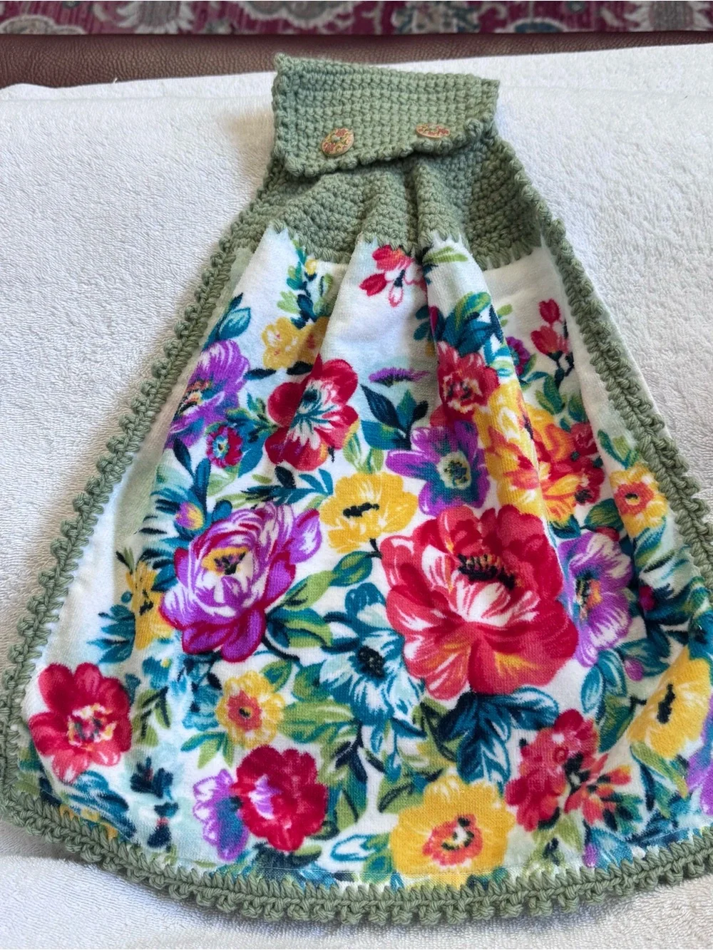 Pioneer Woman Floral Sage Green Crochet Hanging Kitchen Towel